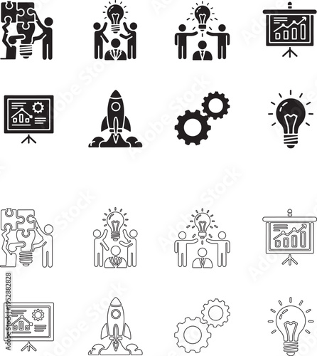 Corporate collaboration illustration. Team working together to assemble a lightbulb puzzle symbolizing innovation, strategy, and startup development..eps