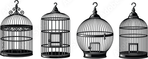 Black‑and‑white illustration of four ornate birdcages with unique decorative designs, showcasing vintage craftsmanship, ornamental style, artistic accessory concept, and traditional cage variations.