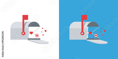 Flat design vector illustration of an open mailbox revealing a love letter adorned with hearts, symbolizing romance, affection, and personal messages