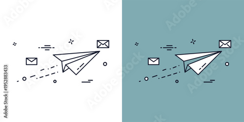 Dynamic paper airplane flying with email icons, symbolizing fast digital communication and message delivery concept illustration