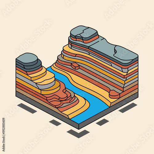 Isometric illustration of a canyon showing geological layers and a river.