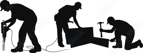 Construction worker silhouettes drilling, cutting and hammering materials, manual labor and carpentry tools in action, vector illustration isolated on white background