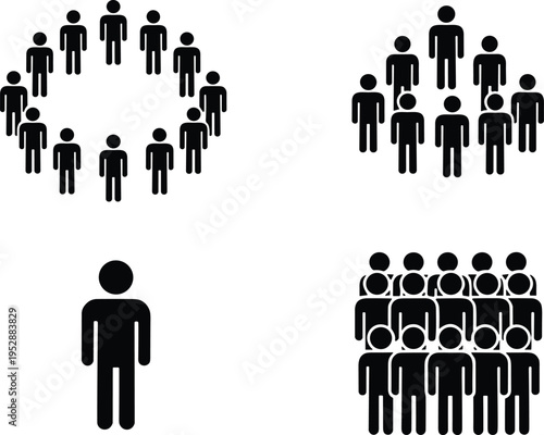 Comprehensive set of black minimalist stick figure icons showing various human group arrangements including circular formations dense crowds organized teams and a single isolated individual.