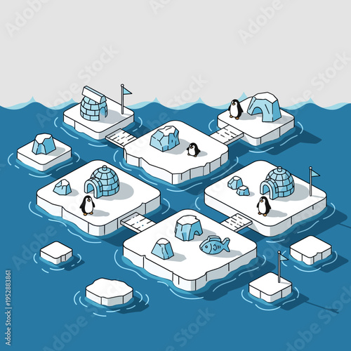 Isometric illustration of ice floes with penguins, igloos, and other structures floating in the ocean.