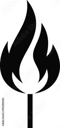 Minimalist black silhouette of a burning matchstick with large flickering flames isolated on a white background for fire safety or heat concept design.