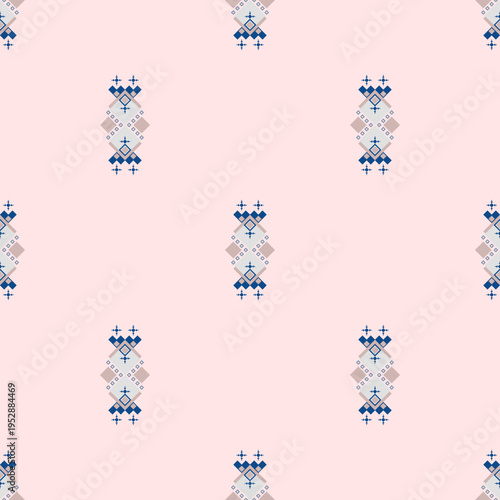 Geometric ethnic pattern of abstract blue and grey diamond-shaped on beige pink background. Motifs modern design seamless pattern. Vector art, pastel, brown, floral, minimal, embroidery, elegant and s