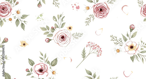 Romantic Rose Floral Arrangement Set with Soft Pastel Flowers, Leaves and Botanical Elements for Wedding and Elegant Design