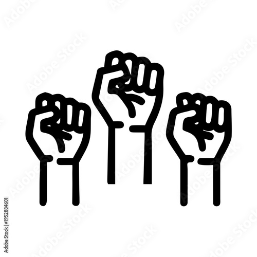 Three raised fists in black outline symbol for protest unity and solidarity activism