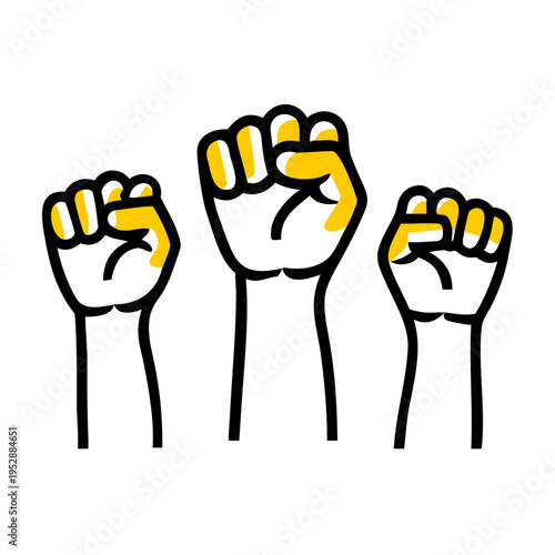 Three raised fists in yellow and black outline symbol for protest unity and solidarity activism