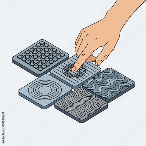 A hand interacting with a set of textured square tiles, exploring different tactile surfaces.