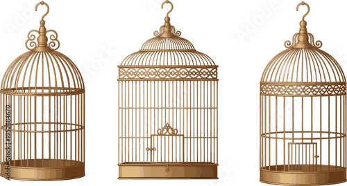 Golden decorative birdcage illustration with intricate scrollwork and vintage design variations, symbolizing ornamental craftsmanship, antique style, home decor, 