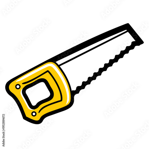 Hand saw tool for woodworking and construction with yellow and dark outline detail