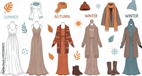 Seasonal Maxi Dress Outfit Set with Summer, Autumn and Winter Looks, Elegant Fashion Collection Illustration