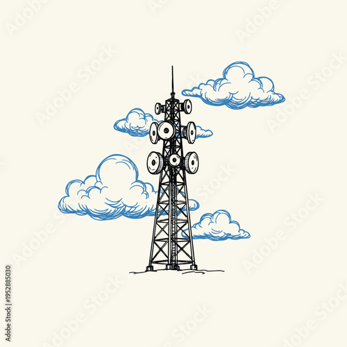 Telecommunication tower hand drawn sketch with blue clouds