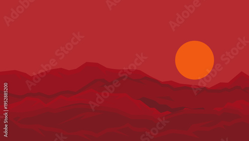 Desert landscape sunset red mountains sun horizon scenic nature background vector illustration design element for travel environment concept use