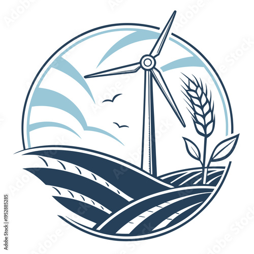 Wind turbine on a hill with a wheat plant