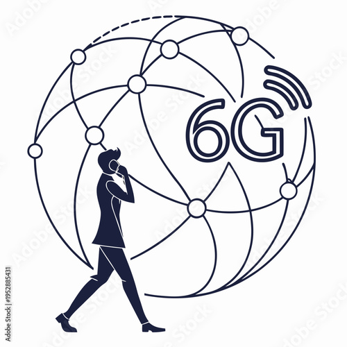 A man walking while talking on the phone with a 6g network symbol