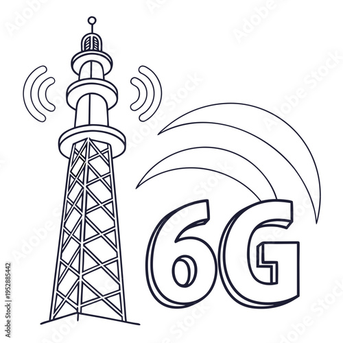 A black and white drawing of a radio tower with 6g