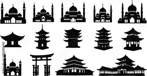 Asian and Islamic architecture silhouettes collection, mosques pagodas temples and torii gate landmarks, black vector illustration set, cultural buildings design