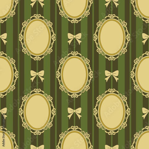 A green striped wallpaper with gold picture frames and bows illustration