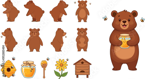Cute bear character collection with honey bees and beehive elements, cartoon wildlife set in detailed vector illustration style