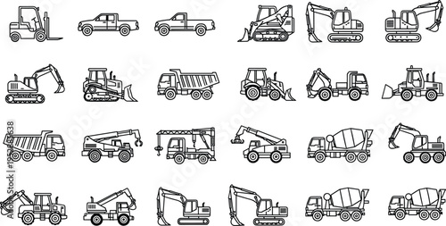 Set of heavy construction machinery line icons including excavators dump trucks cranes concrete mixers and forklifts for industrial building logistics and engineering design projects