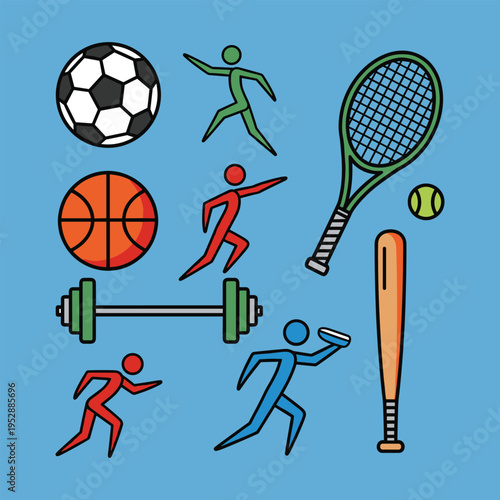 Vibrant vector collection of diverse sports equipment and active human figures, illustrating a variety of athletic activities, fitness, and healthy lifestyle pursuits