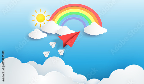 Paper Plane Flying Toward Rainbow in Blue Sky Paper Art Concept of Dream, Hope and Imagination