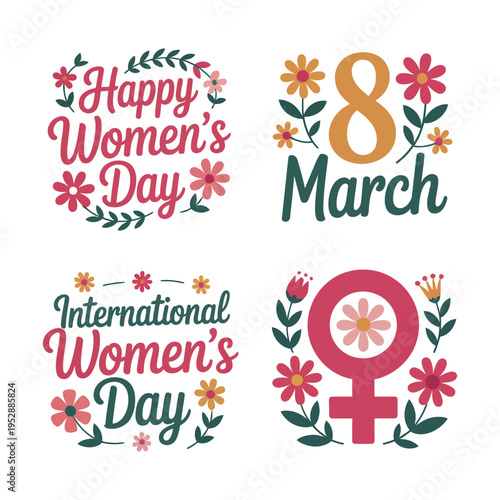 A colorful illustration of International Women's Day stickers with flowers