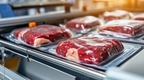 Vacuum-packed meat portions on a food processing conveyor