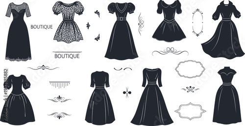 Vintage Dress Silhouette Collection with Elegant Women Gowns and Boutique Style Fashion Illustration