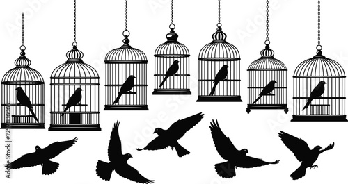 Bird cage silhouettes collection with flying birds, vintage hanging cages and sparrow silhouettes vector set, freedom concept illustration isolated for decorative design