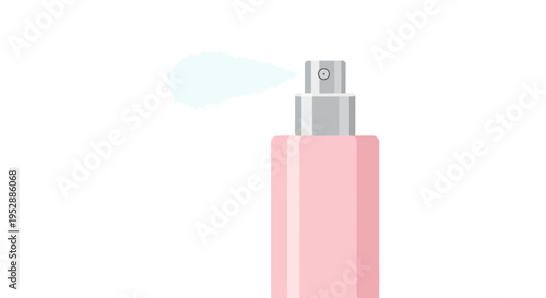Pink perfume bottle spraying mist, close-up on white background