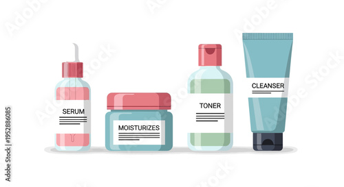Skincare Products Set: Serum, Moisturizer, Toner, Cleanser Bottles and Jar
