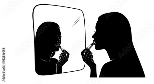 Woman applying lipstick in mirror silhouette, beauty routine, makeup application