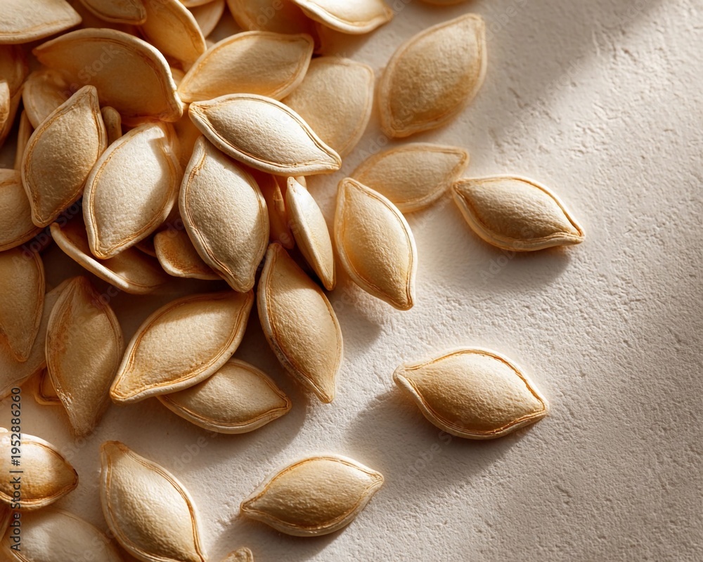 Fototapeta premium Pumpkin seeds scattered on a light surface in a kitchen setting during autumn