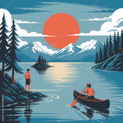 A serene lake scene with a canoe and a man standing on shore