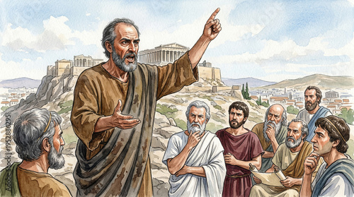 Paul teaching Athenians with passion about the Unknown God on Mars Hill backdrop