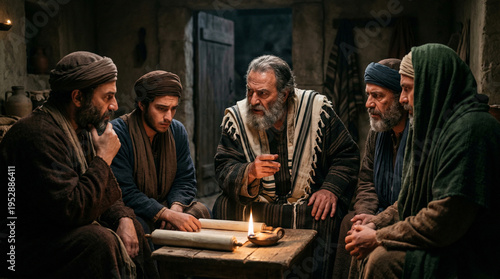 Pharisees plotting against Jesus in shadows, serious mood, discussing plans in dimly lit room