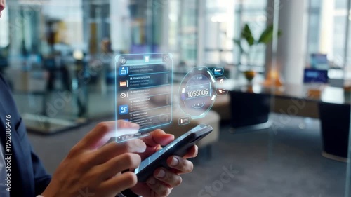 Digital banking transformation individual checking finances on smartphone with holographic interface in modern office space