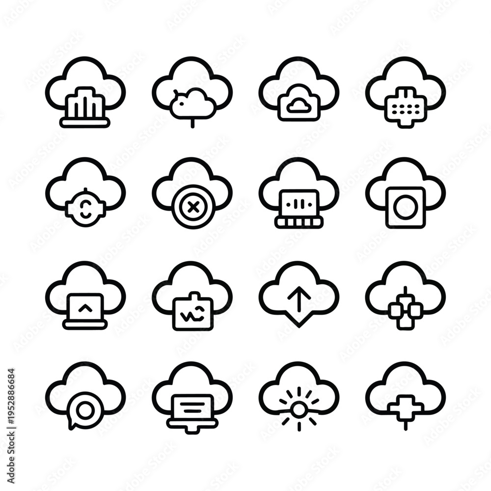 Obraz premium Cloud icon set with various symbols and graphics for computing and technology