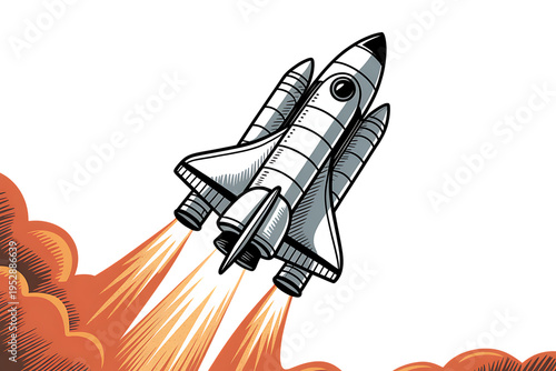 Cartoon space shuttle launching with flames and smoke