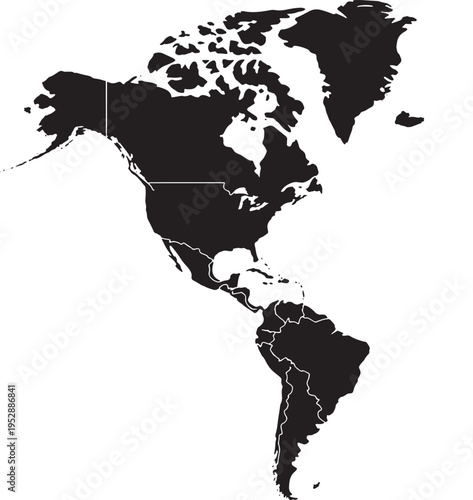 Black silhouette map of North and South America continents on white background