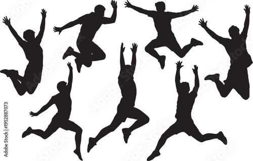 Seven Silhouettes of Men Jumping in Air with Arms Raised in Celebration
