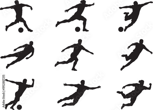 Collection of soccer player silhouettes in various kicking poses