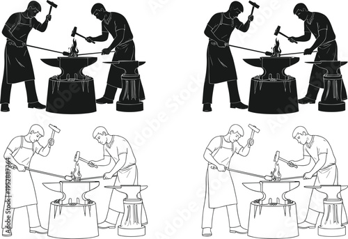 Blacksmith forging metal on anvil silhouettes and line art set, traditional metalworking craftsmen with hammer and fire, blacksmith workshop vector illustration