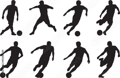 Silhouettes of soccer players in various poses kicking ball