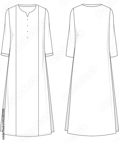A casual Henley neckline midi dress flat sketch for modest wear.