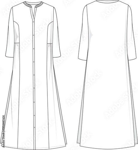 A sophisticated full button-front shirt dress flat sketch with a stand collar.