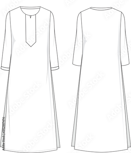 A distinctive V-insert neckline midi dress fashion flat sketch.